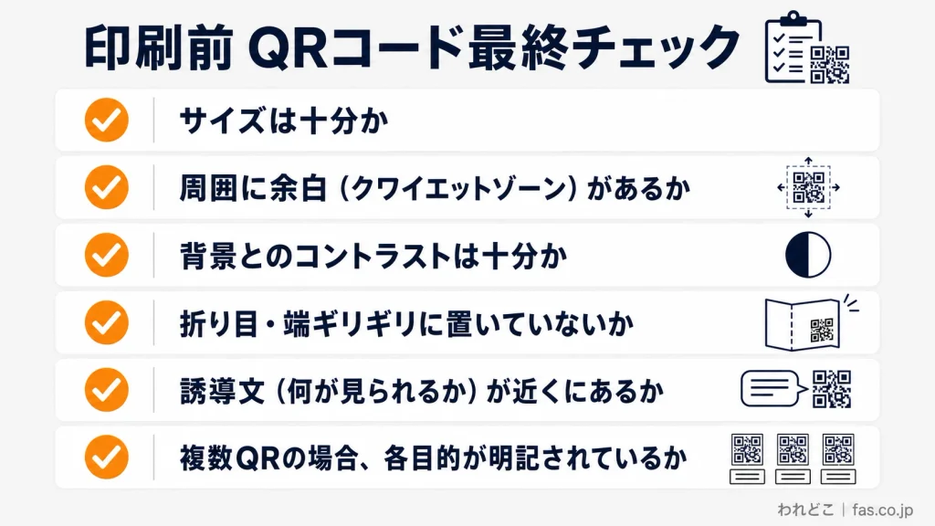 チラシ印刷前に確認したいQRコードの最終チェックリスト。QRコードのサイズ、周囲の余白、背景とのコントラスト、折り目や端からの距離、誘導文の配置、複数QRコードの目的表示という6つの確認項目を解説。
