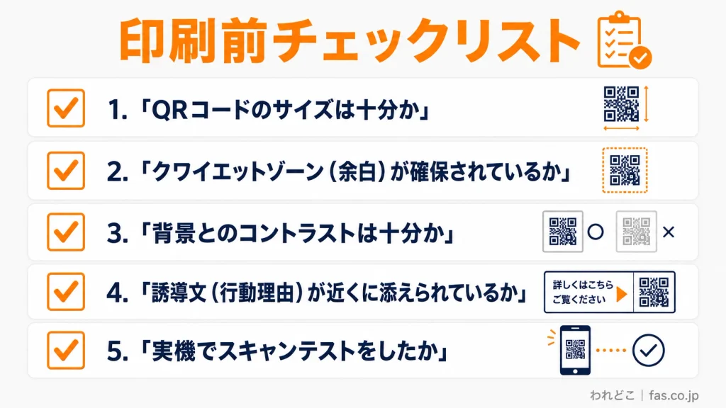 QRコードの印刷前に確認すべき5つのポイントをまとめたチェックリスト。①QRコードのサイズは十分か、②周囲にクワイエットゾーン(余白)が確保されているか、③背景とのコントラストは十分か、④読み取りを促す誘導文が近くにあるか、⑤実際のスマートフォンでスキャンテストを行ったか。各項目にチェックマークとイラストを添え、QRコードの読み取りやすさを確保するための確認事項を分かりやすく示しています。